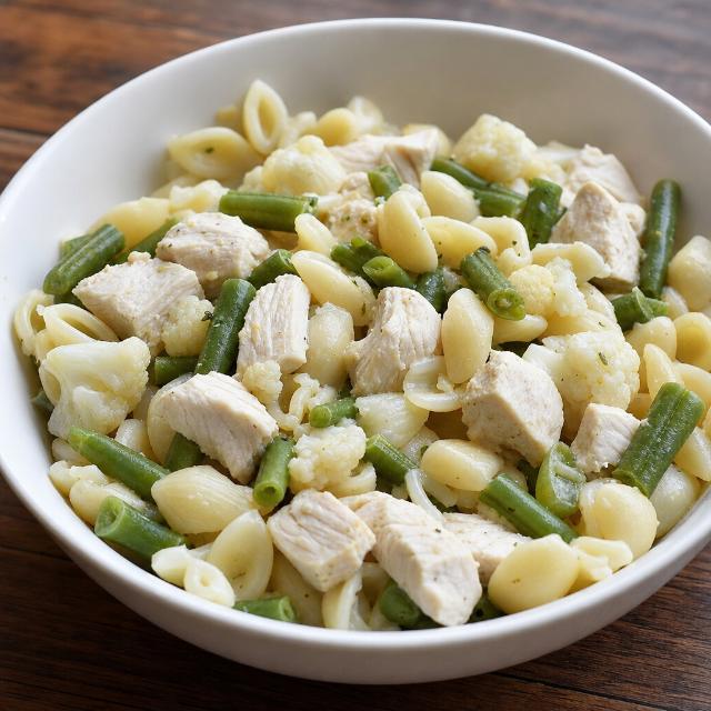 Chicken with White Pasta, Cauliflower, and Green Beans