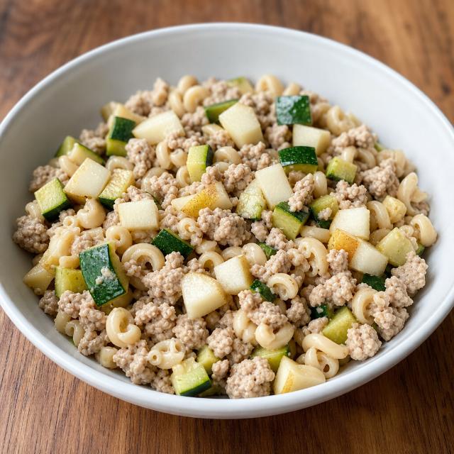 Turkey with White Pasta, Zucchini, and Pear