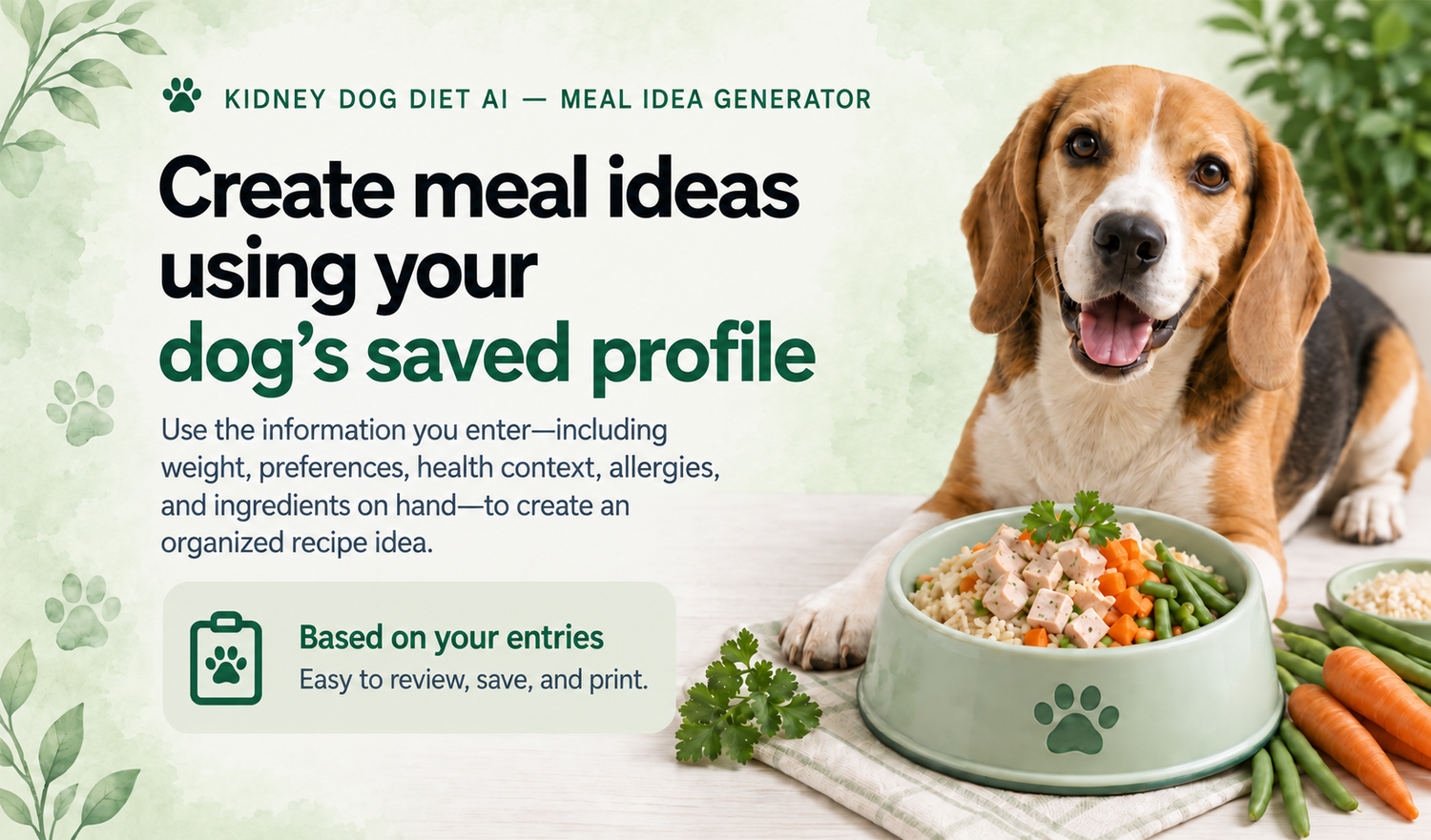 Create organized meal ideas using your dog's saved profile, preferences, health context, allergies, and ingredients on hand.