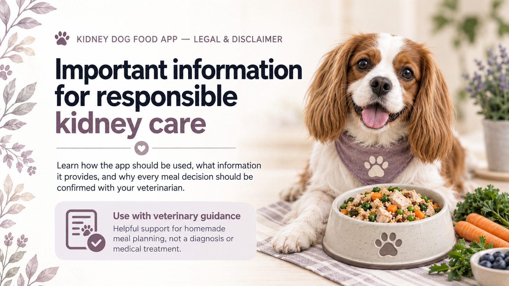 Important information for responsible kidney care in Kidney Dog Diet AI. The image shows a friendly dog next to a bowl of food and highlights that the app should be used with veterinary guidance.