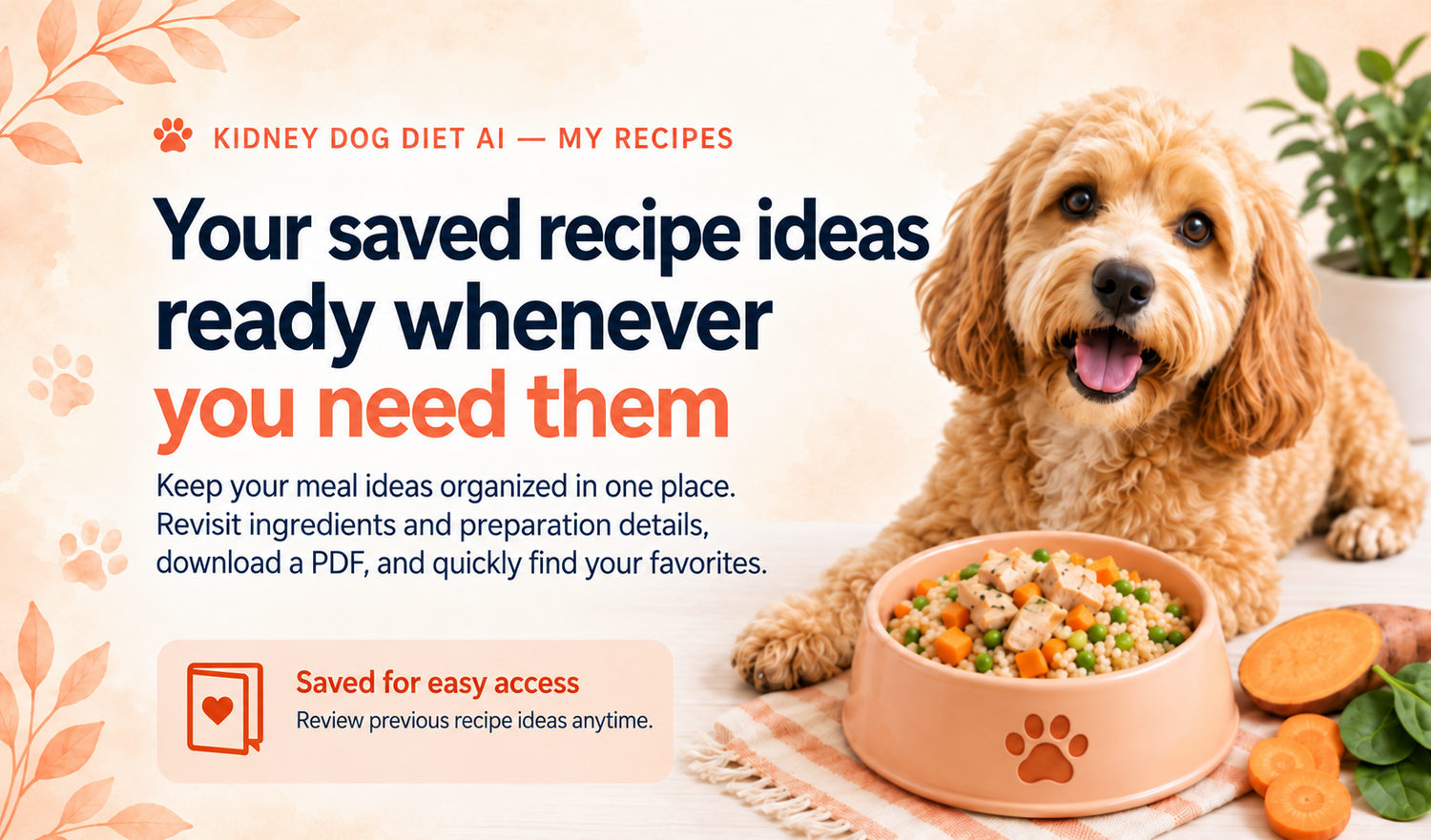 Your saved recipe ideas, ingredients, preparation details, and printable PDFs organized in one place.